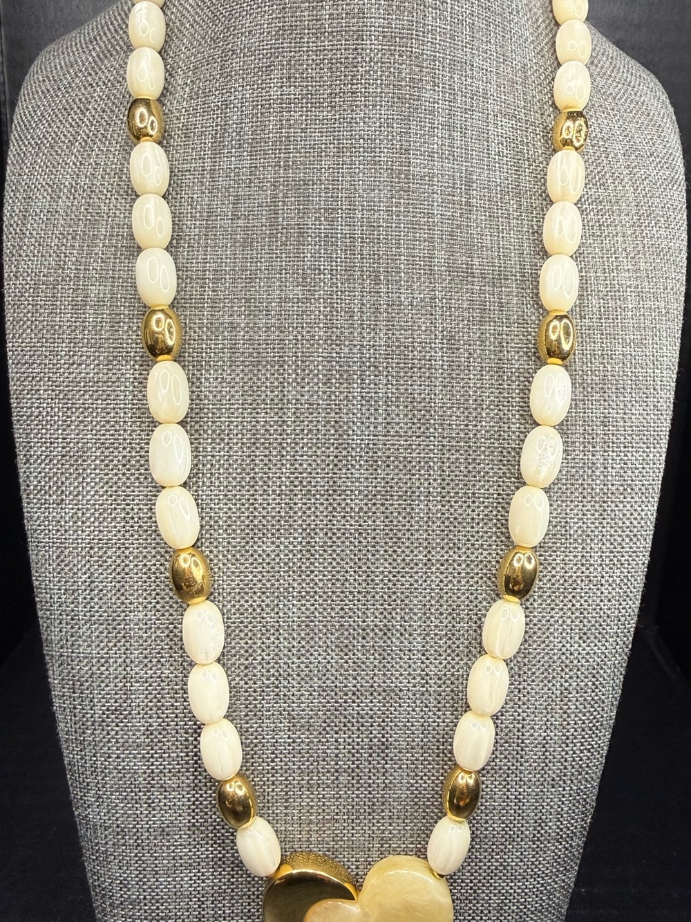 Napier signed, Gold and Cream Heart Pendant Beaded Necklace